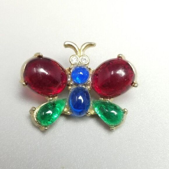 Vintage Coro Butterfly Cabochon Rhinestone Brooch, Gold Tone 1940s Lapel Pin - Picture 6 of 7